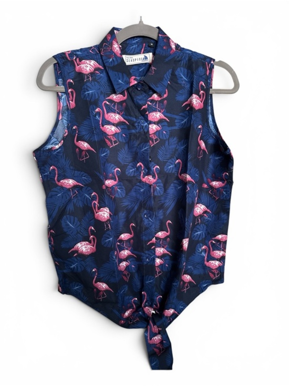 Seaspice Resort Wear Flamingo Tie Front Sleeveless Blouse Size M. NWT